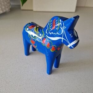 Hand-Painted Original Swedish Dala Horse Blue Wooden Animal Figurine